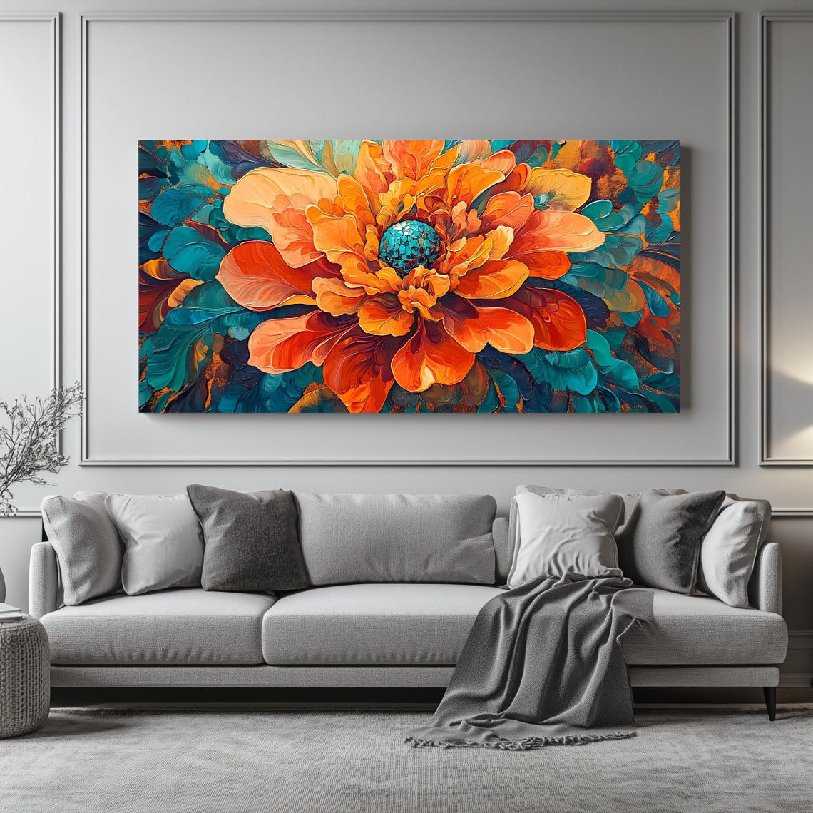 Bold Orange Teal Bloom Close-Up Impasto Floral Panoramic Art Poster - Image 4
