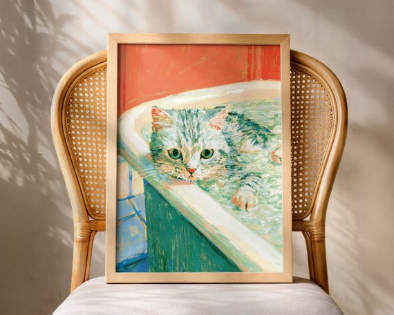 Cat Bathroom Wall Art Print Gray Tabby Bathtub Poster Funny Bath American Shorthair Colourful Decor