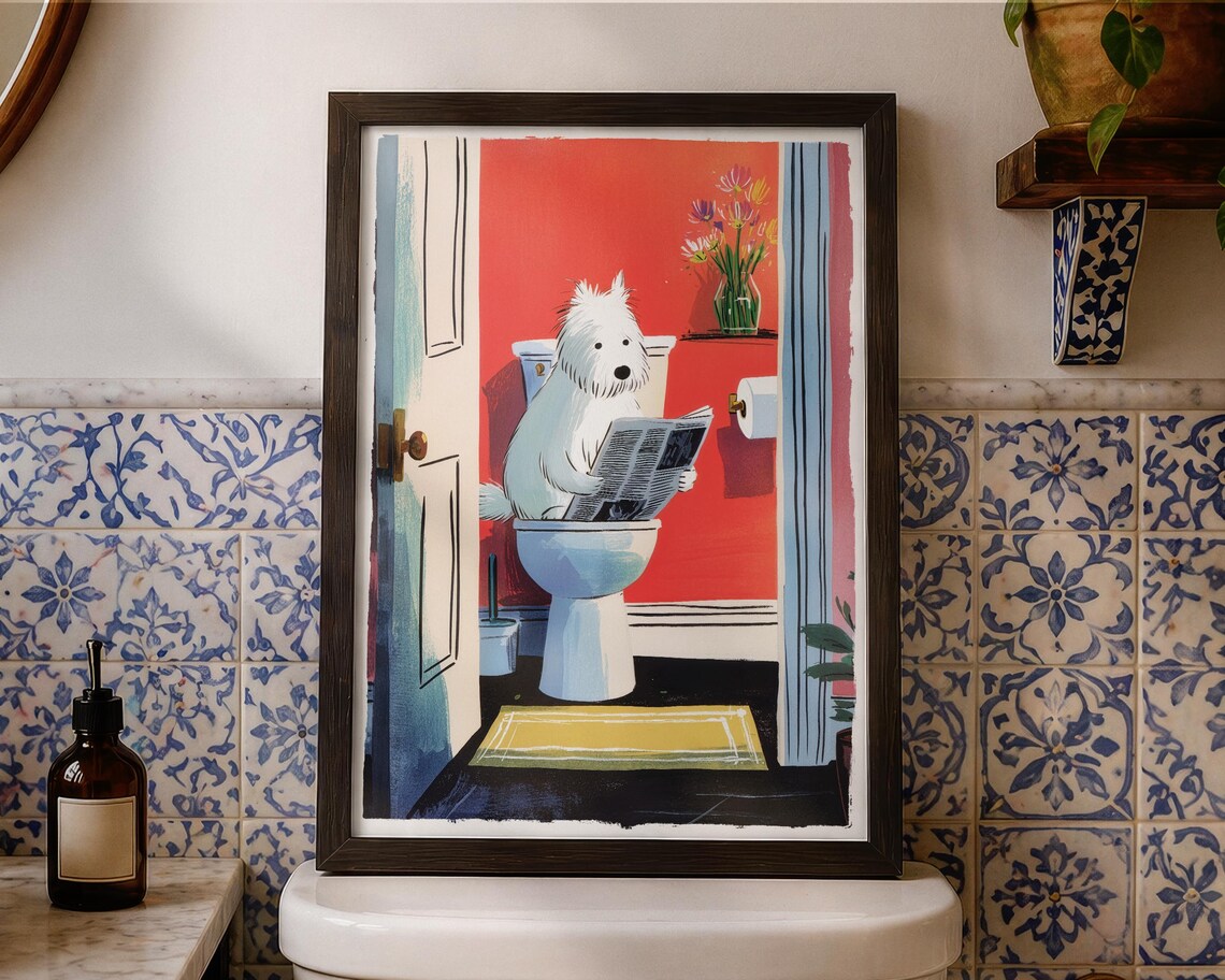 Funny Dog Bathroom Art Print, Westie Reading Newspaper