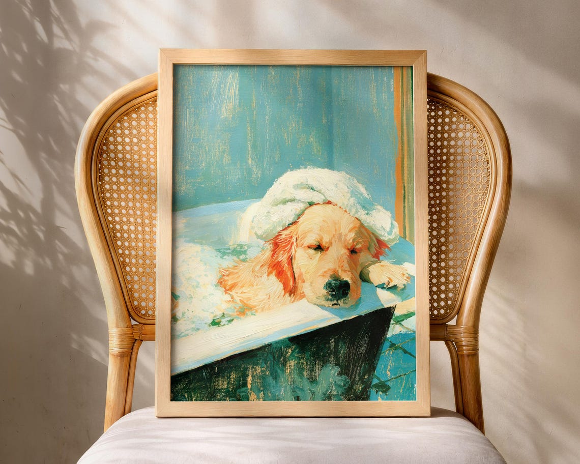 Golden Retriever Relaxing in a Bubble Bath Painterly Dog Poster