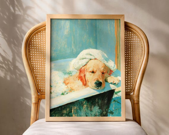 Golden Retriever Bathroom Print Funny Dog In Bathtub Wall Art Relaxing Bath Poster Whimsical Pet Decor Lover Gift