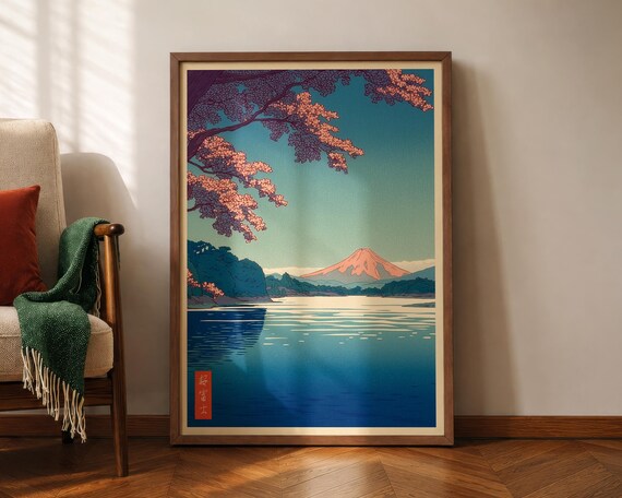 Mount Fuji Cherry Blossom Lake Sunset Japanese Woodblock Art Poster