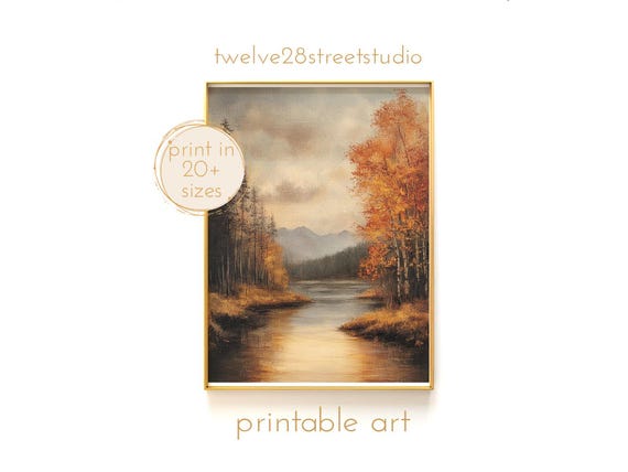 Autumn Fall Landscape Painting Instant Downloand Artwork Print In 20 Sizes Wall Art Vintage Wall Art Moody Wall Art