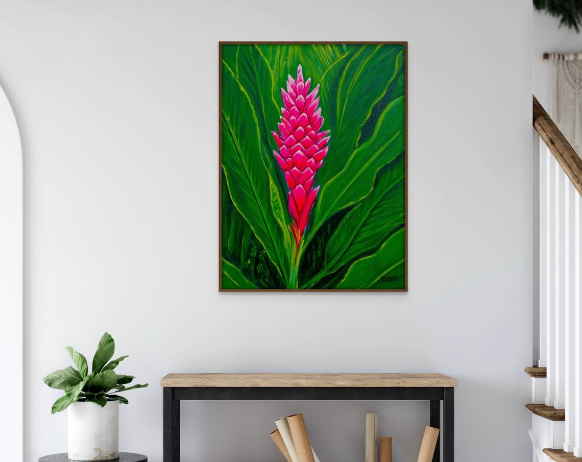 Pink Torch Ginger Flower Painting Tropical Bloom Green Leaves Poster - Image 4