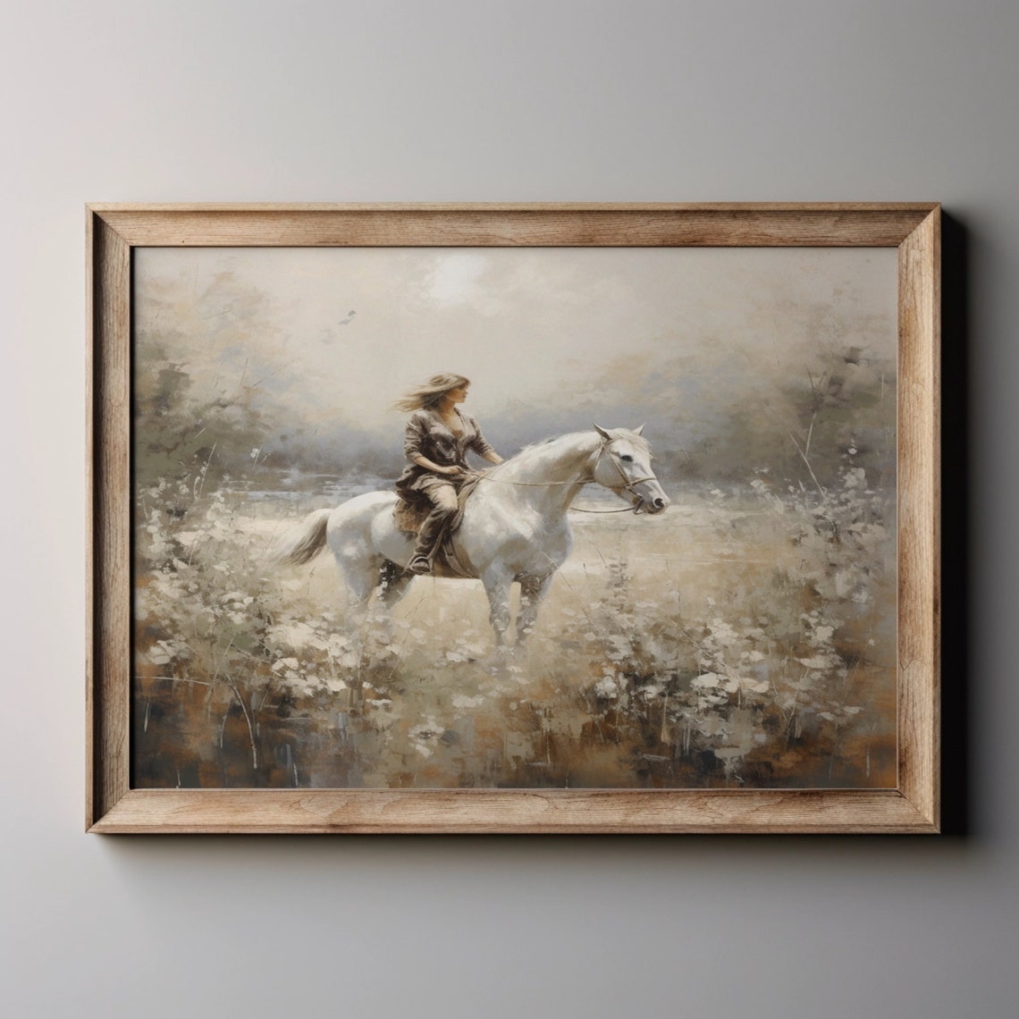Vintage Painting Of A Woman On The Horse Wildflowers Field Wall Art Farmhouse Decor