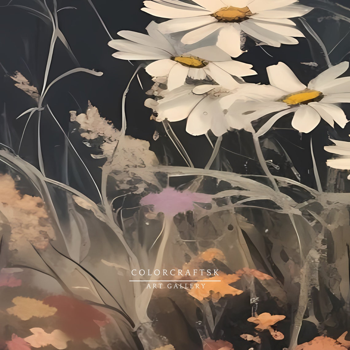 White Daisy Wildflowers Moody Dark Botanical Vintage Floral Art Print - Image 2