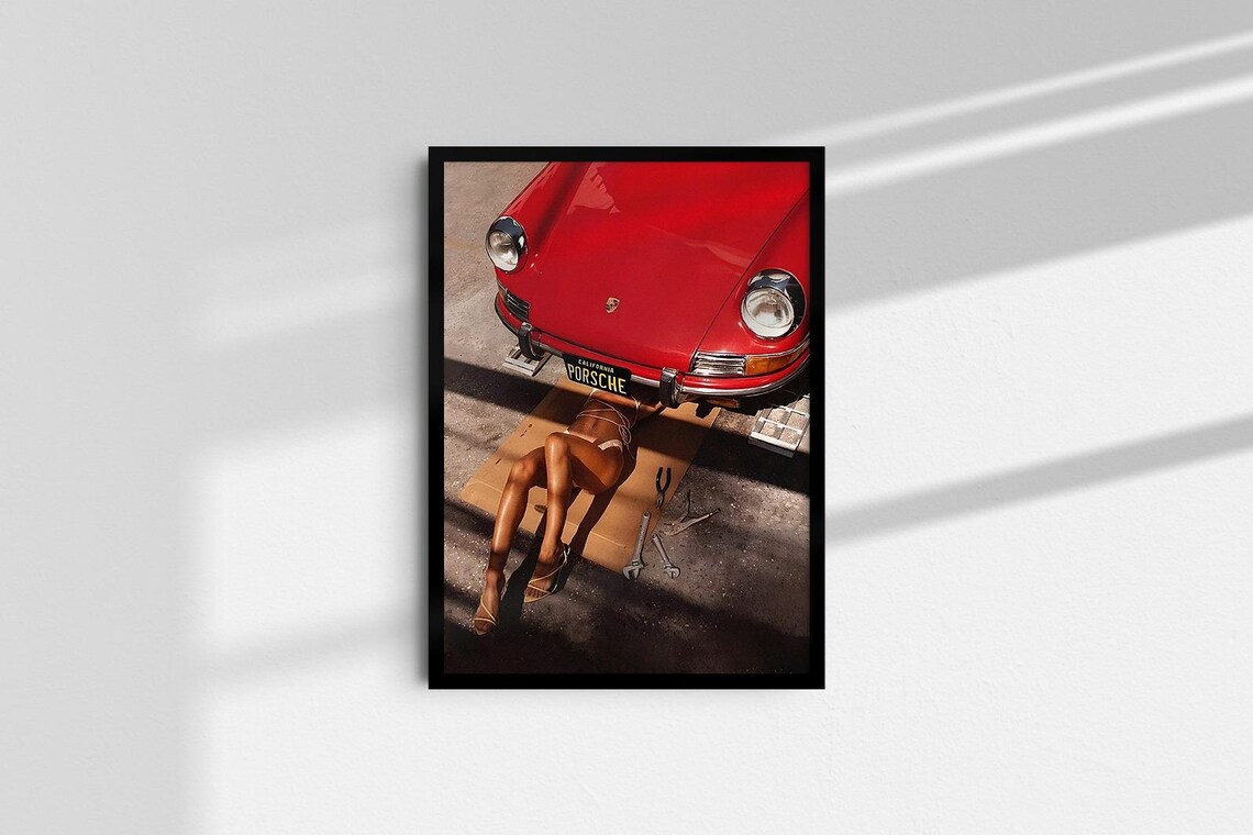 Classic Red Vintage Porsche Girl Mechanic Retro Pin Up Racing Poster - Image 3