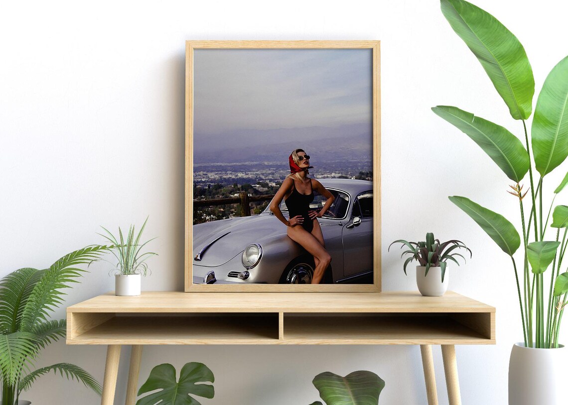 Retro Woman in Black Swimsuit with Vintage Porsche Glamour Photo Poster - Image 2