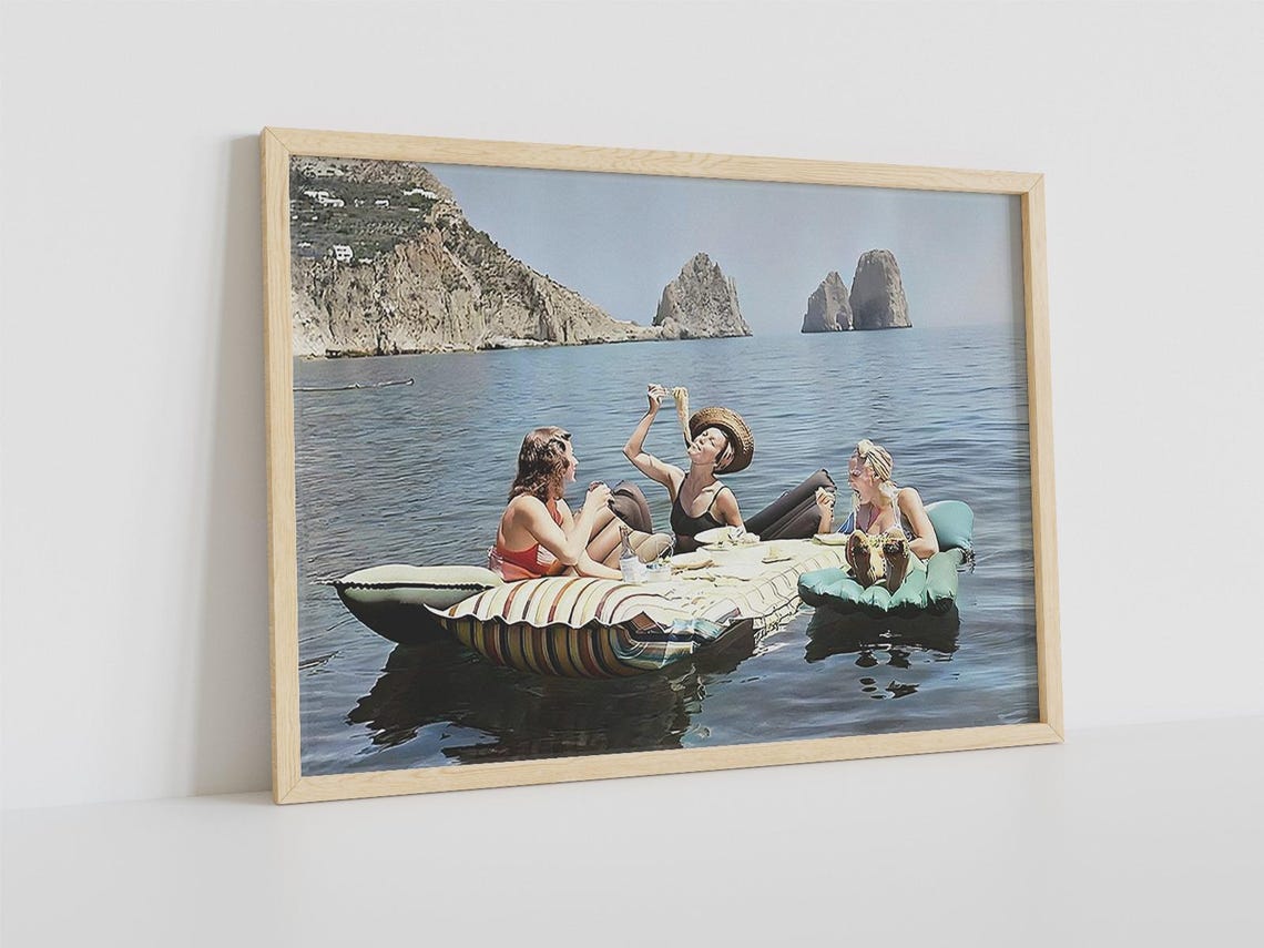 Women Eating Spaghetti On Lake Women Eating Wall Art Women Prints Girls Poster Vintage Wall Art Women Lake
