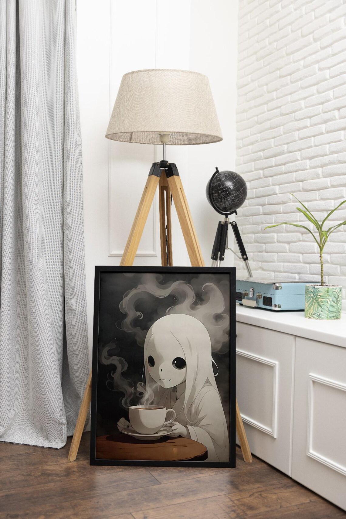 Spooky Cute Ghost Drinking Coffee Halloween Ghost Coffee Bar Art Print Kitchen Wall Art - Image 3
