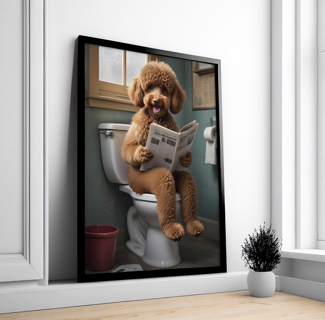 Funny Poodle Sitting On Toilet Reading Newspaper Bathroom Humor Poster - Image 3