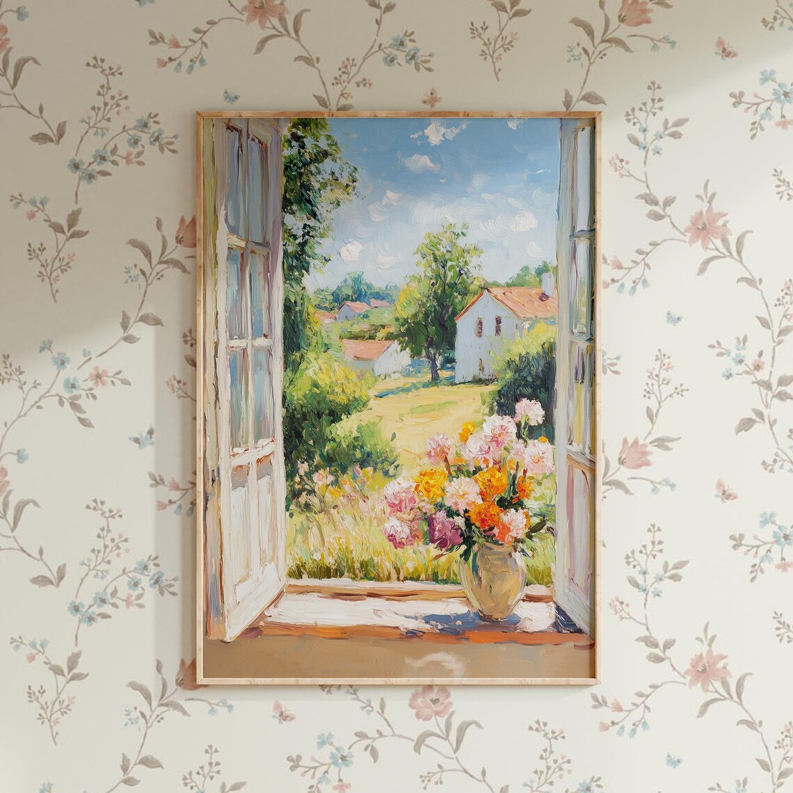 Open Window French Countryside Cottage Flower Bouquet Meadow View Poster - Image 4