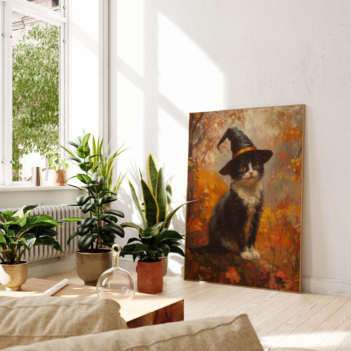 Tuxedo Cat in a Witch Hat Among Autumn Leaves Painting Poster - Image 4