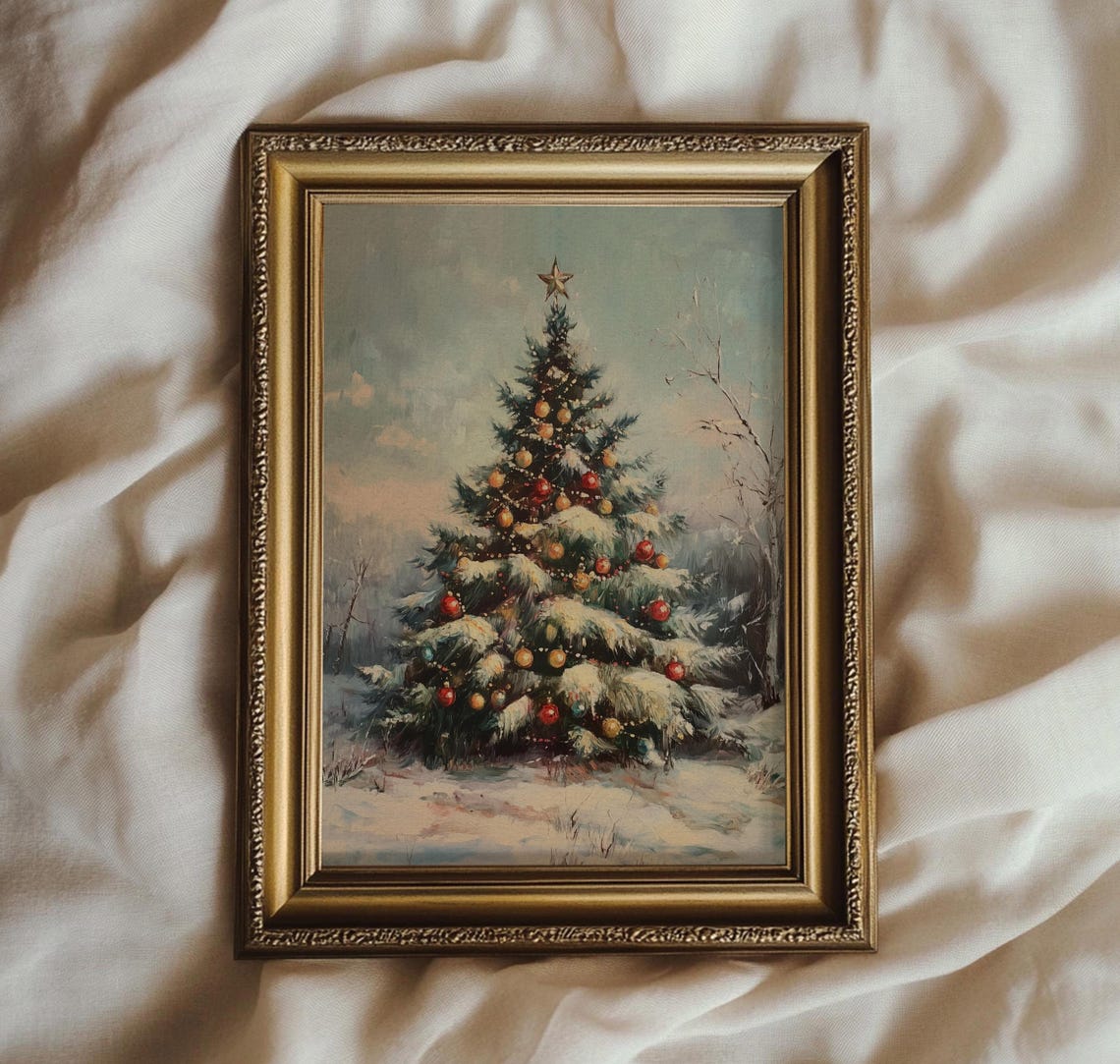 Vintage Christmas Tree Oil Painting Snowy Branches Holiday Wall Poster - Image 4