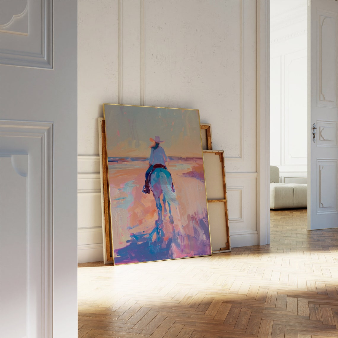 Cowgirl on Horseback Riding into a Pastel Beach Sunset Painting Poster - Image 3