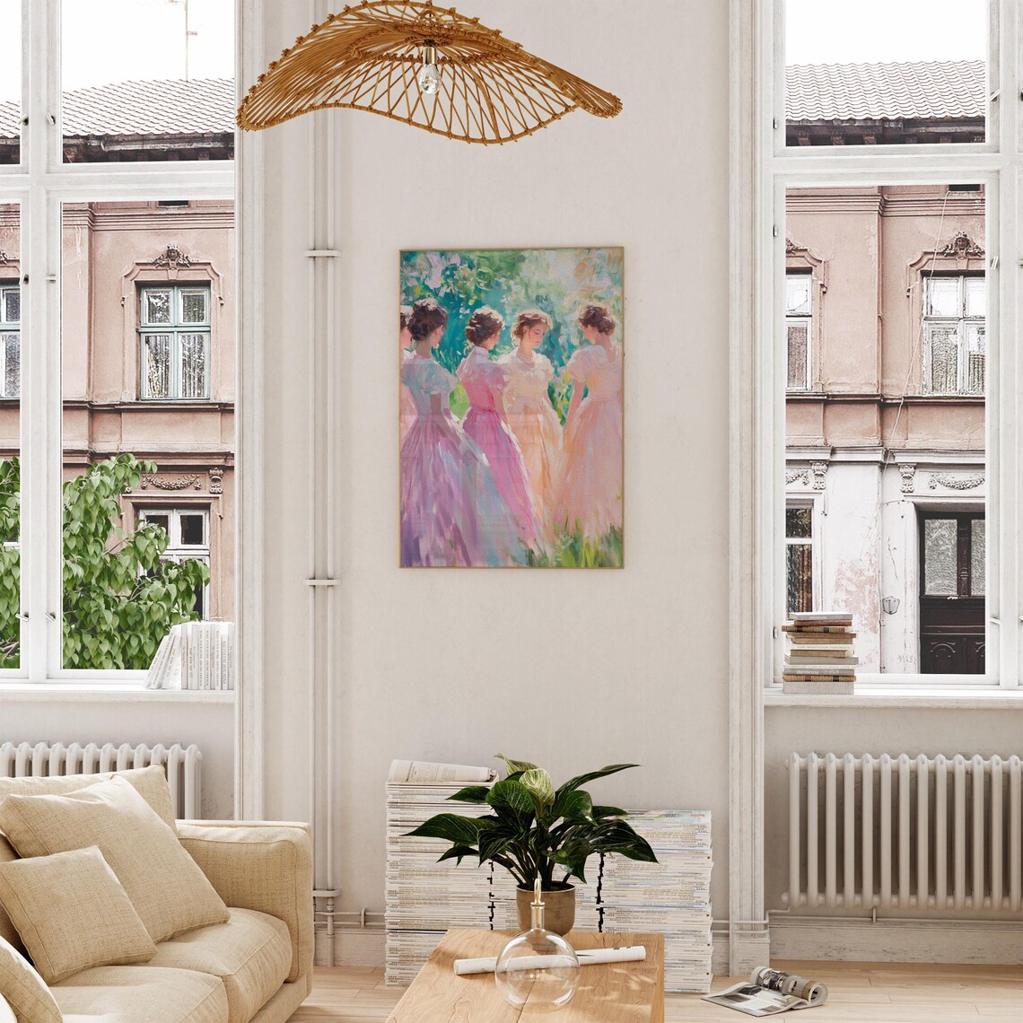 Girls in Pastel Dresses Gathering in a Sunny Garden Painting Poster - Image 4