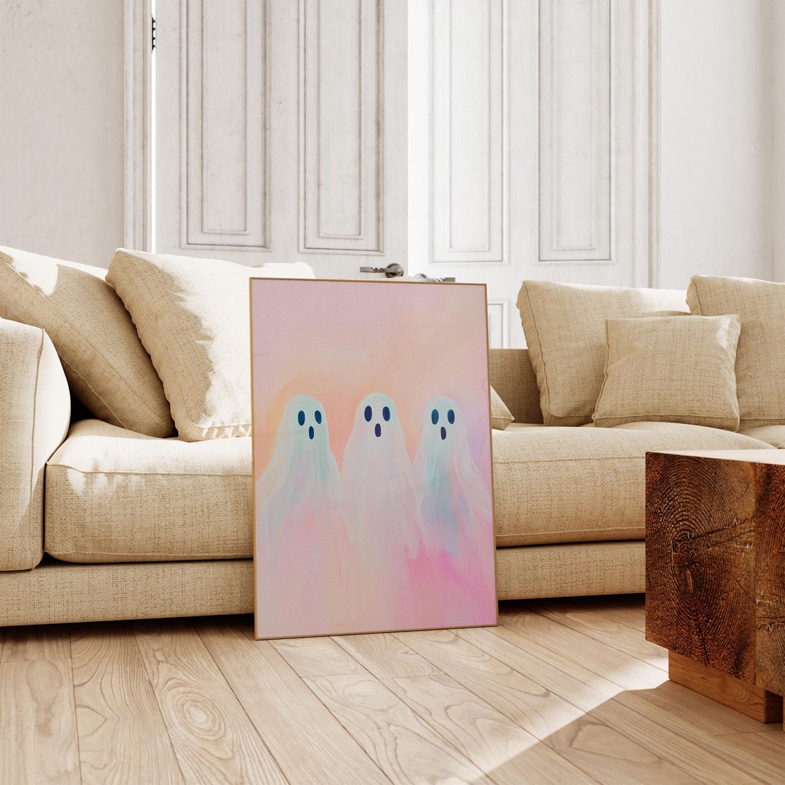 Three Cute Ghosts on Pink Pastel Halloween Background Wall Art - Image 2