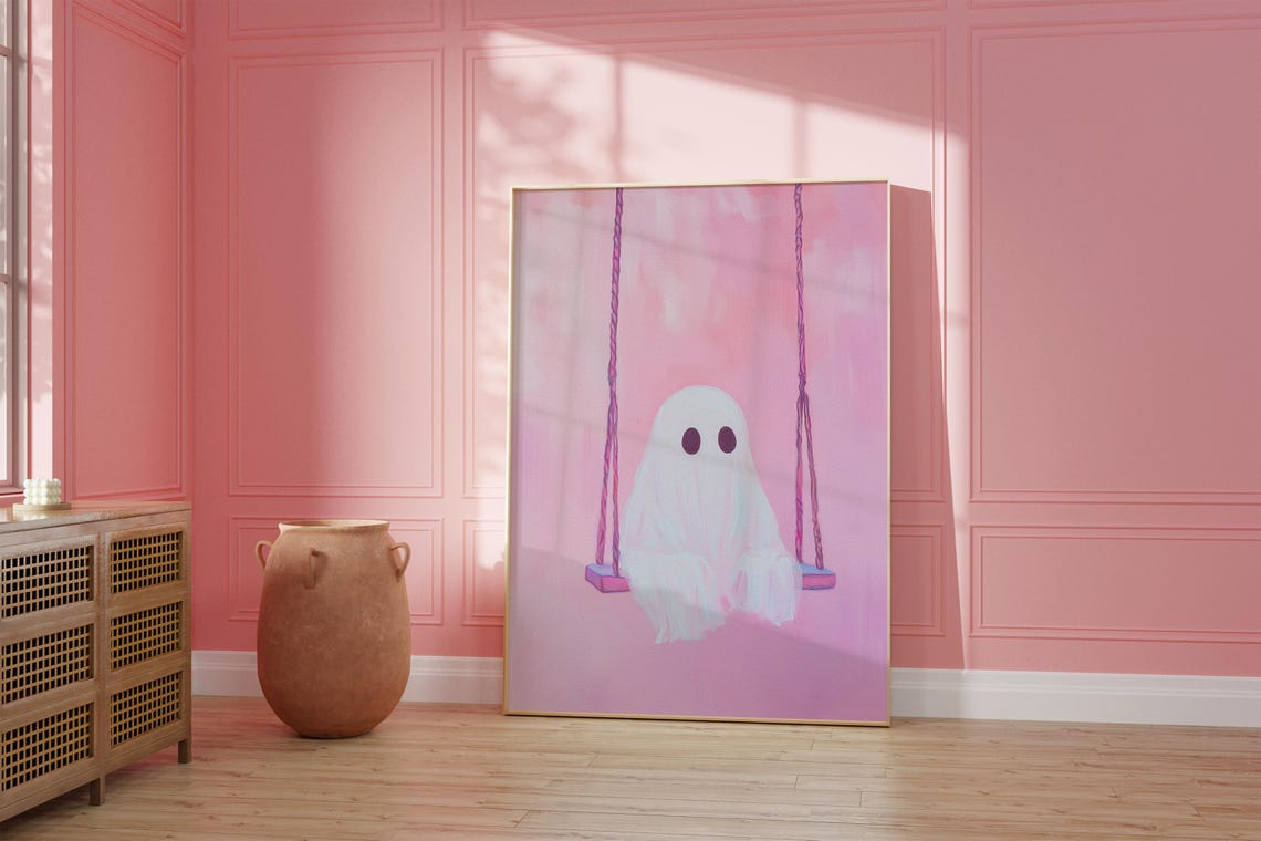 Ghost On The Swing Poster Cute Halloween Wall Art Cute Ghost Painting Print Pink Wall Decor - Image 4