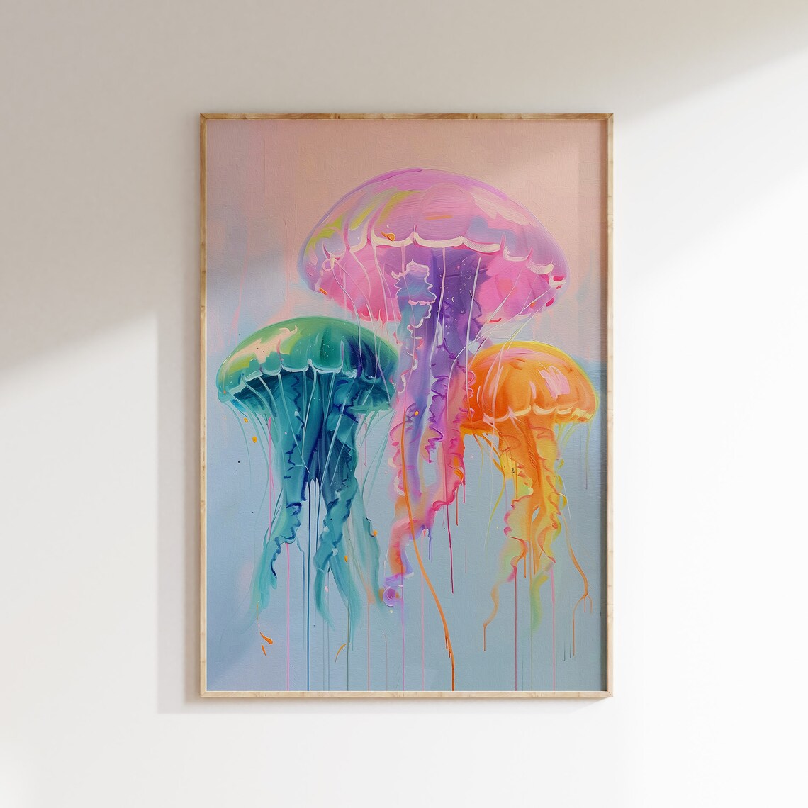 Colorful Jellyfish Trio Neon Ocean Painting Underwater Decor Poster