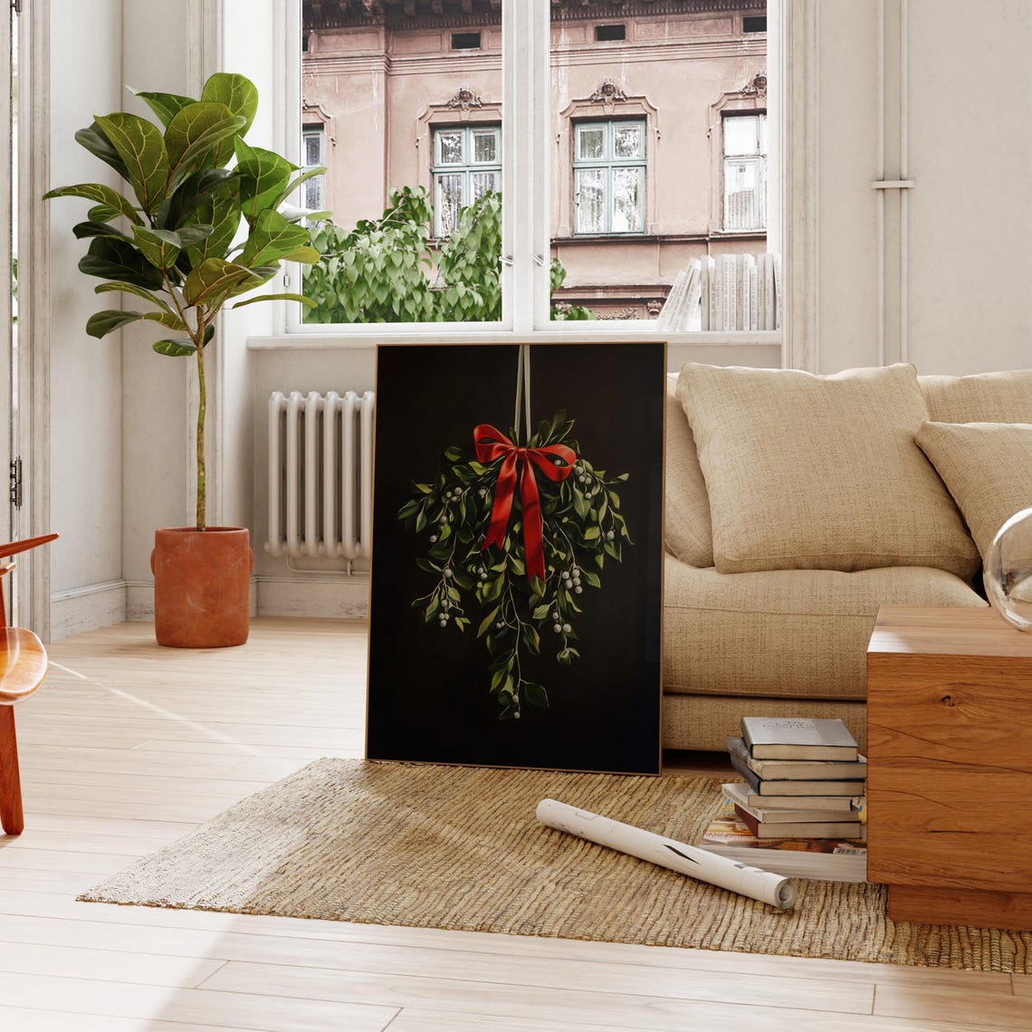 Vintage Moody Christmas Mistletoe With Red Bow Dark Botanical Poster - Image 3