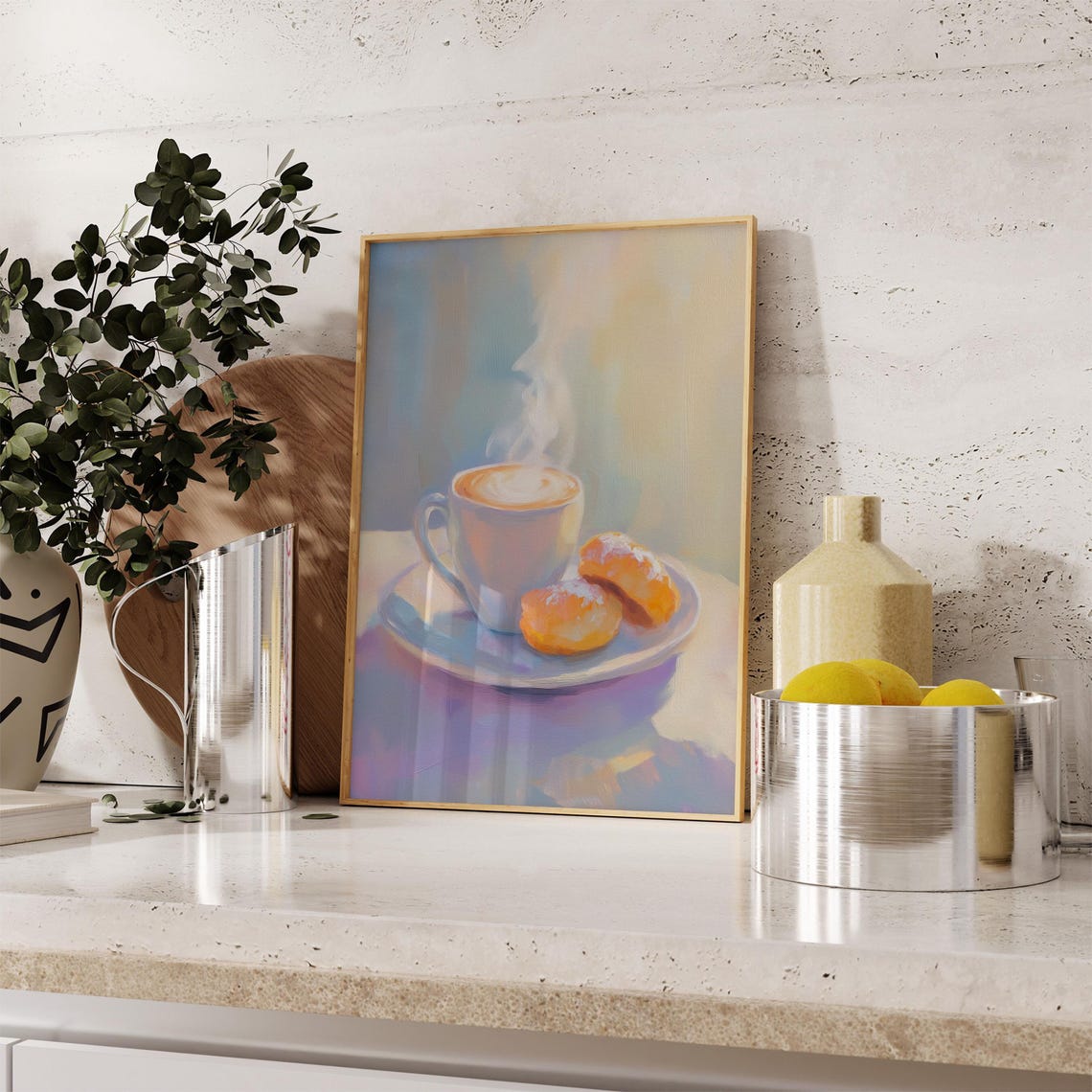 Pastel Coffee Cup with Croissants Watercolor Cafe Kitchen Poster - Image 4