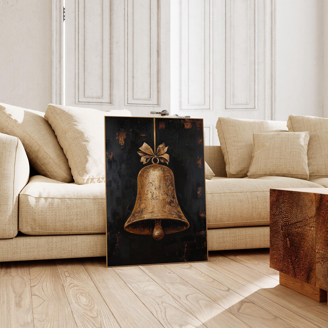Vintage Golden Christmas Bell Painting Dark Moody Holiday Wall Poster - Image 3