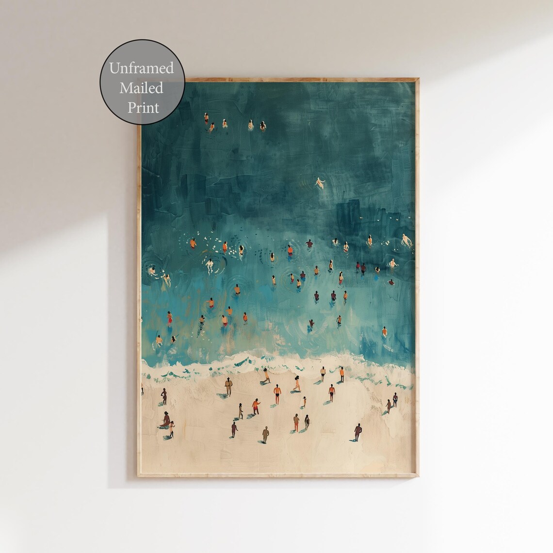 Tiny People Swimming In Ocean Art Print, Coastal Decor