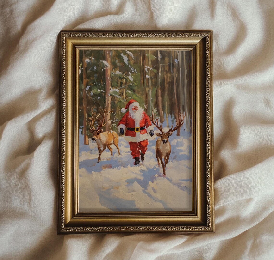 Santa Claus Walking With Reindeer Snowy Forest Vintage Oil Painting Poster - Image 5