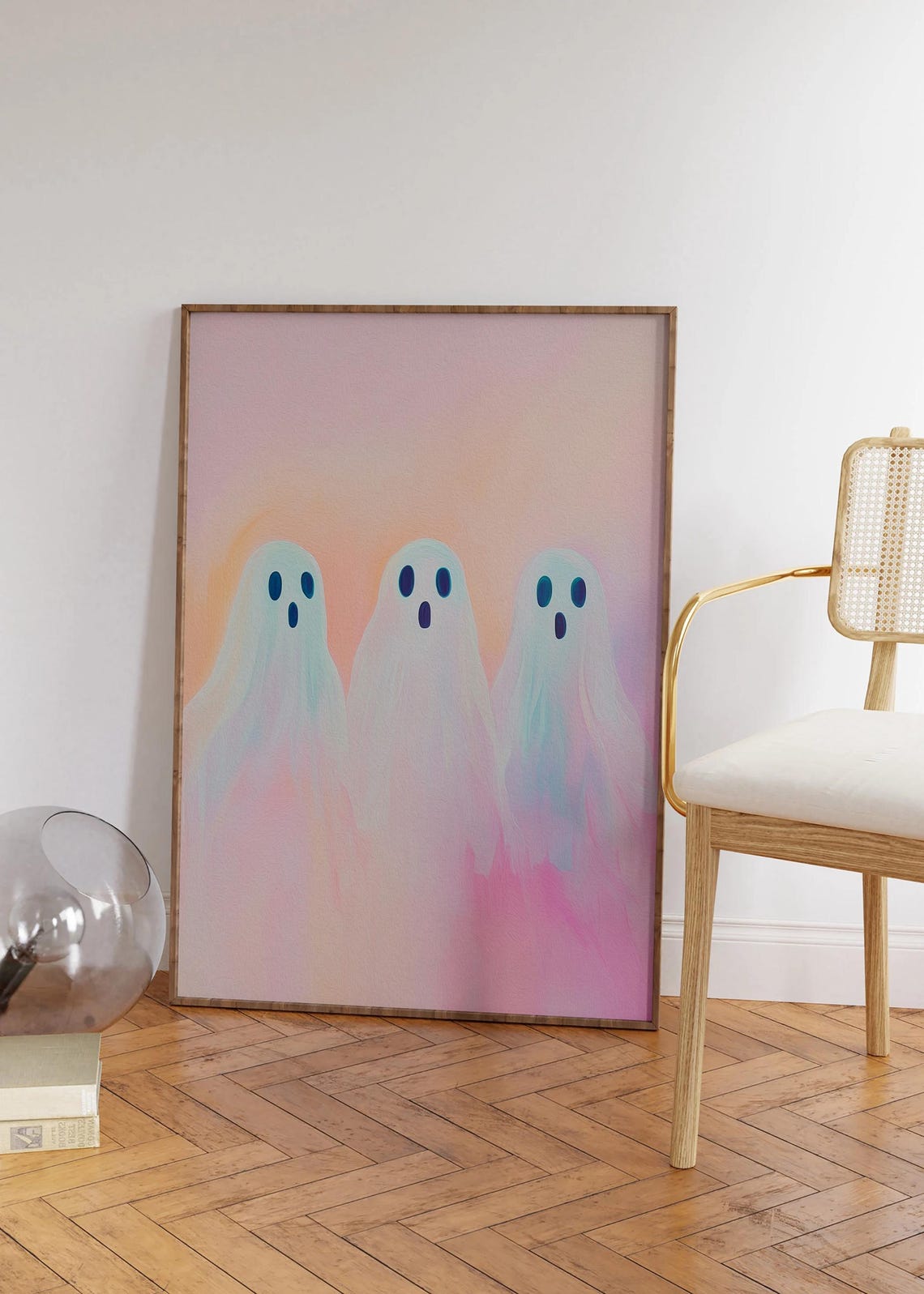 Three Cute Ghosts on Pink Pastel Halloween Background Wall Art - Image 3