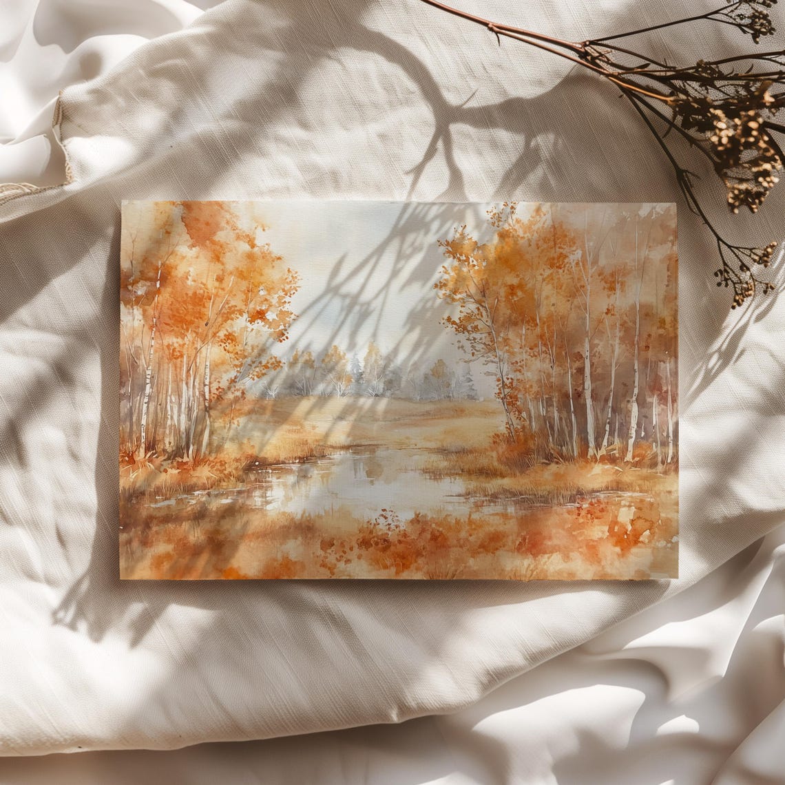 Golden Birch Trees Beside a Still Autumn Lake Watercolor Poster - Image 2