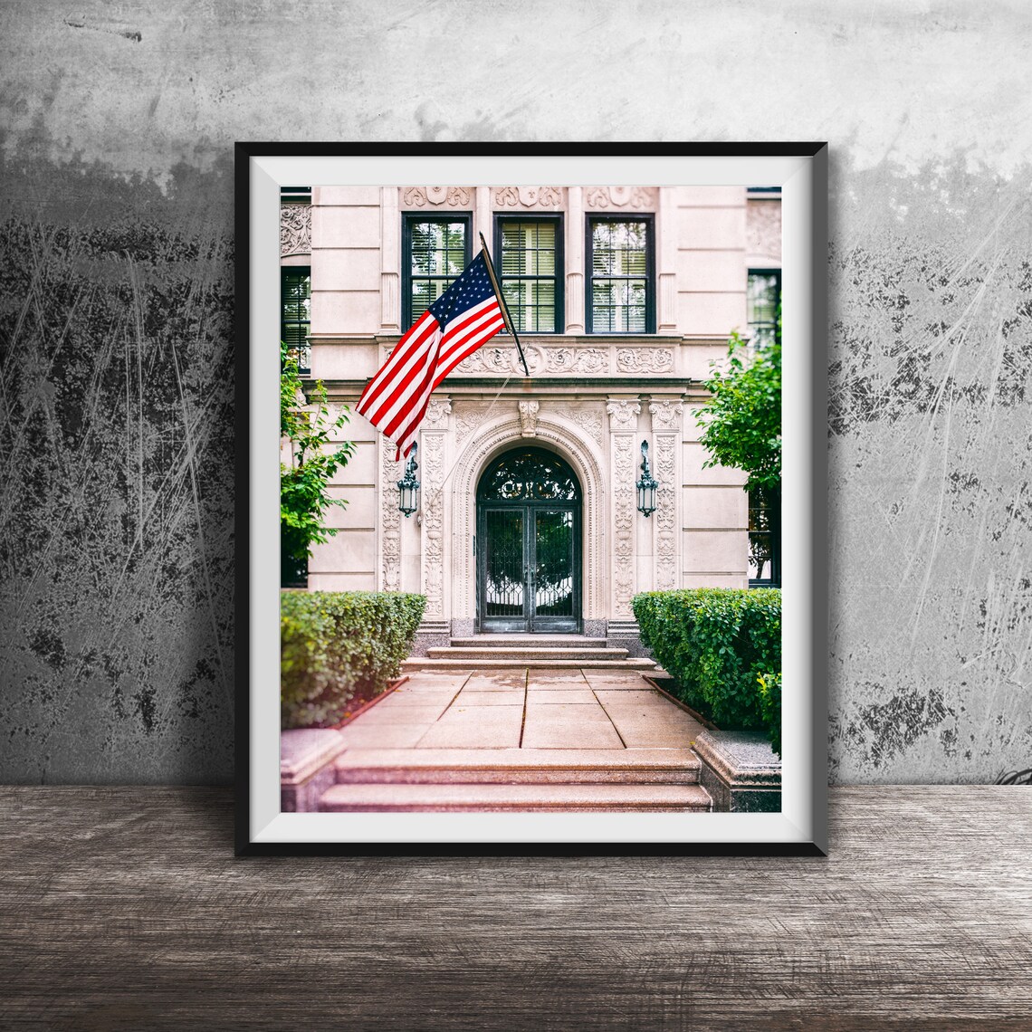 Historic Chicago Stone Entrance American Flag Doorway Arch Poster