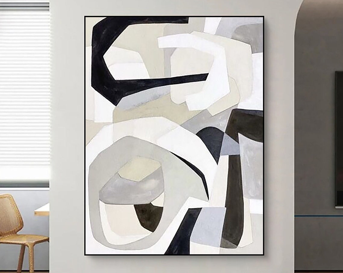 Geometric Black White Beige Blocks Modern Abstract Art Poster
