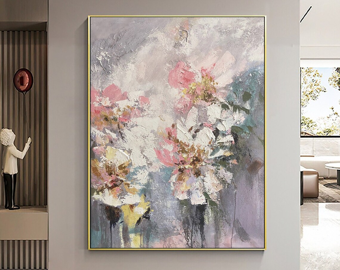 Pink White Impasto Flower Bouquet Abstract Floral Painting Poster
