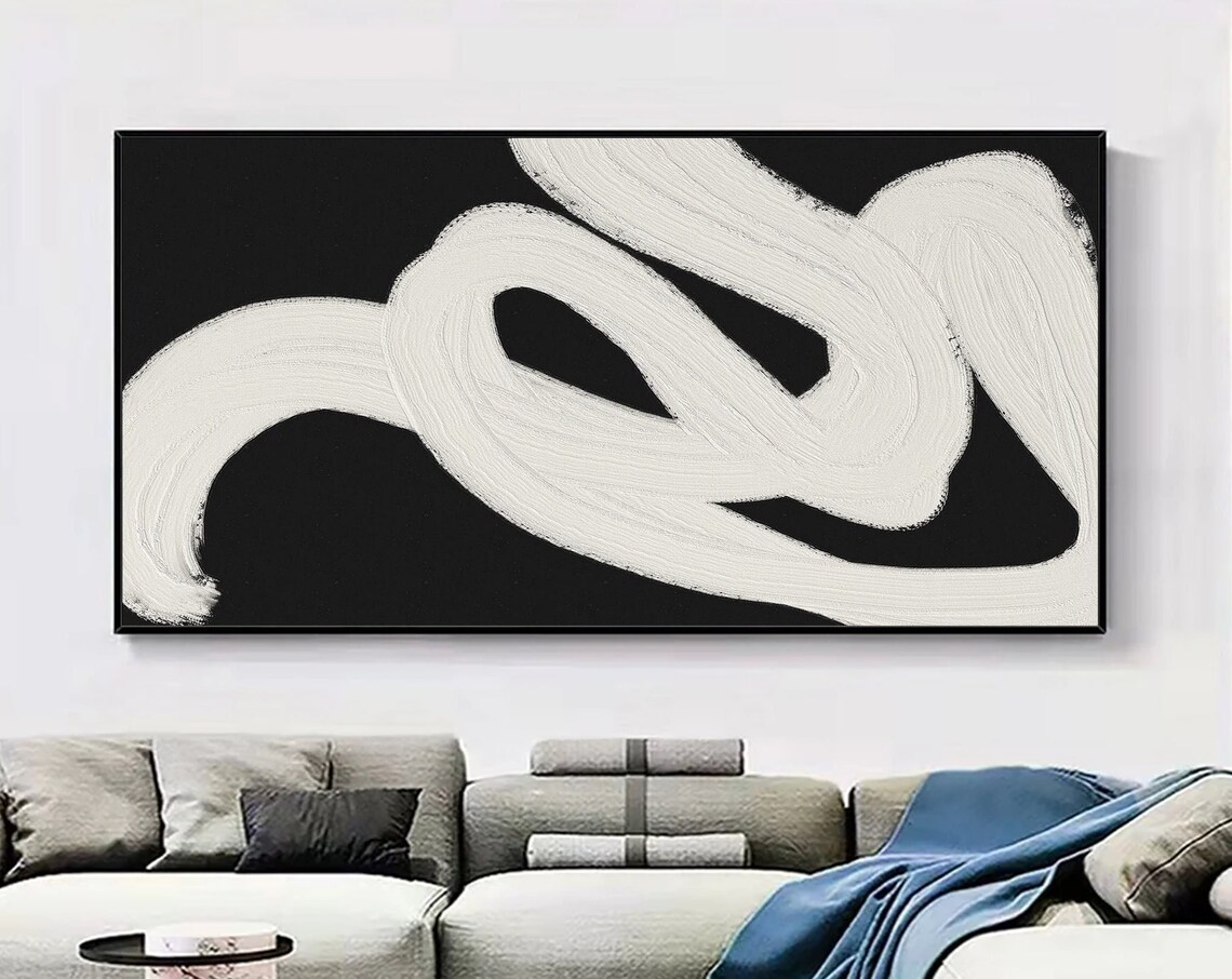 White Ribbon Swirl On Black Bold Abstract Modern Gallery Art Poster
