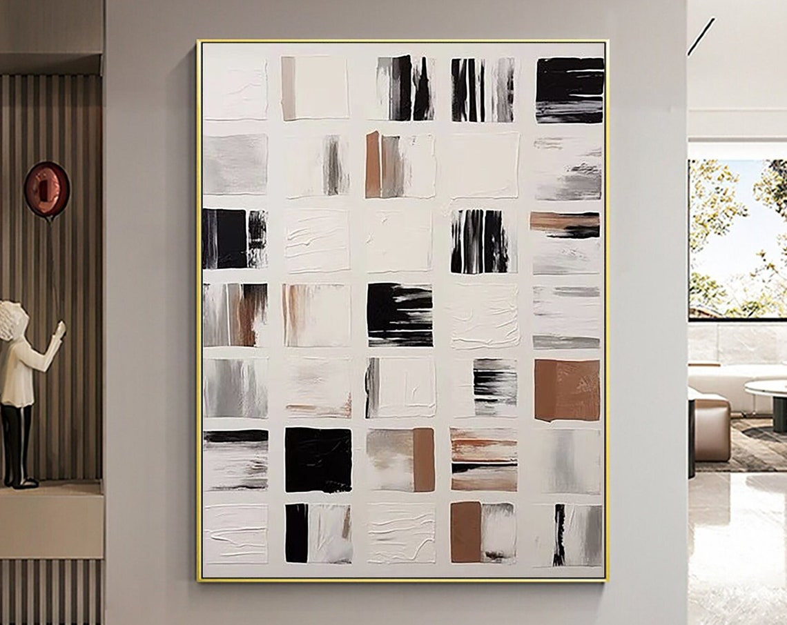Monochrome Brushstroke Square Grid With Tan Accents Abstract Poster