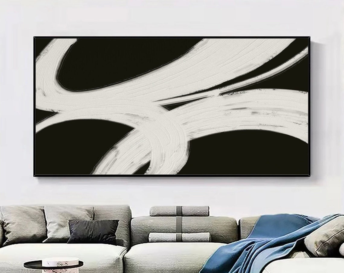 White Diagonal Sweep Brushstrokes On Black Abstract Art Poster