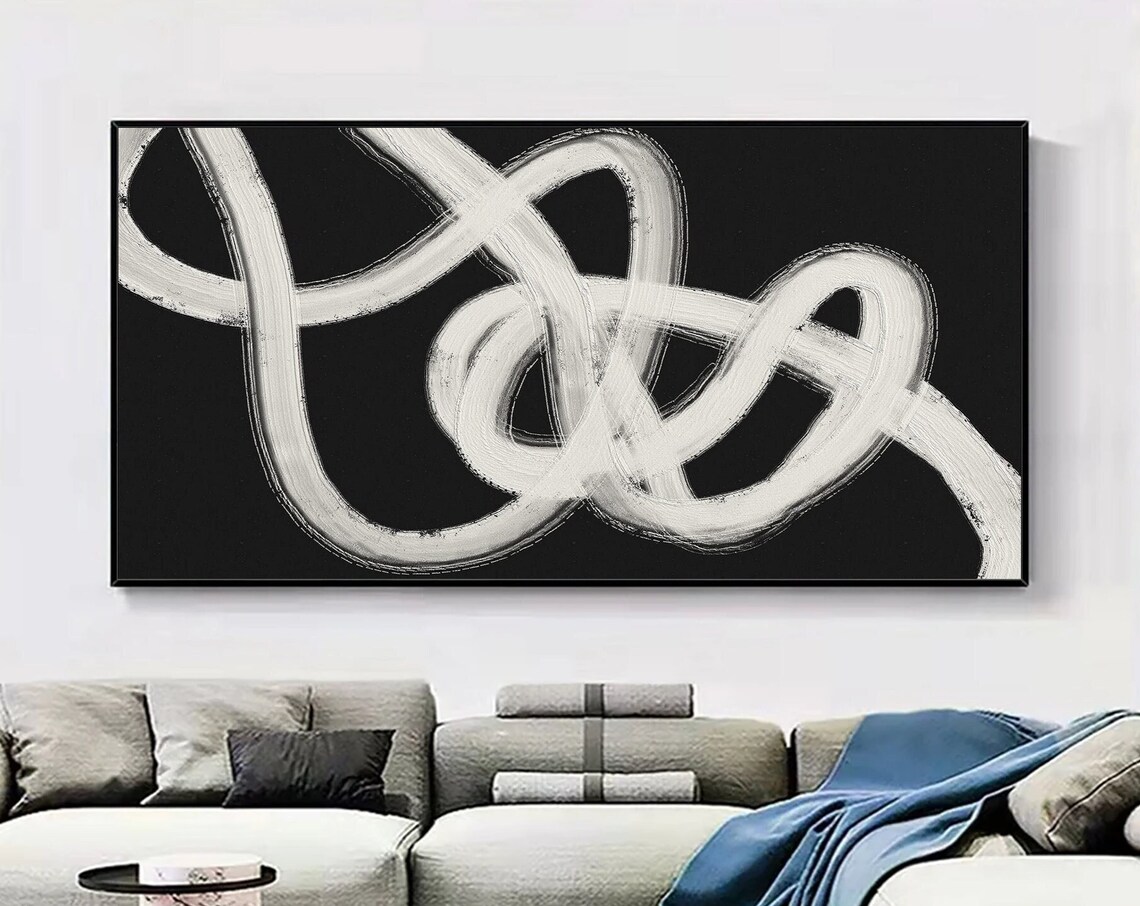 White Tangled Knot Brushstrokes On Black Abstract Art Poster
