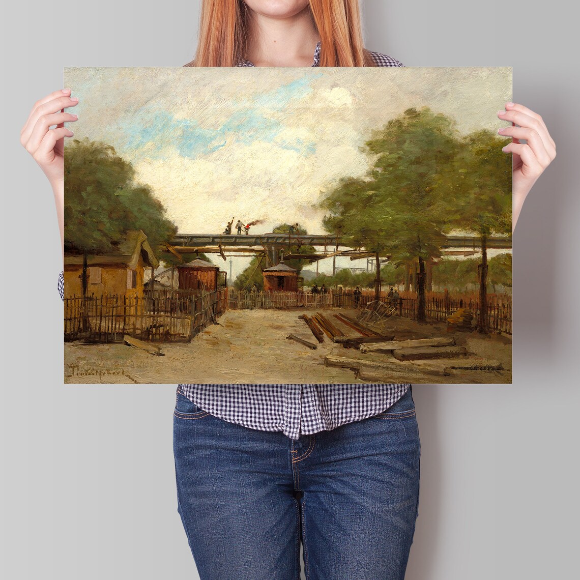 Vintage Oil Painting Railway Crossing Workers Timber Yard Art Poster - Image 4