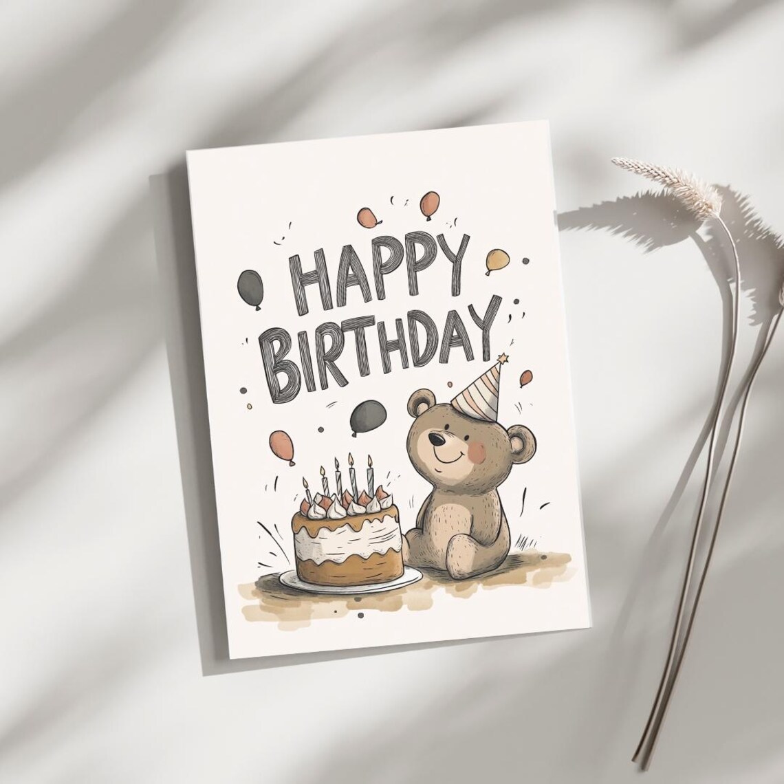 Teddy Bear With Party Hat And Cake, Happy Birthday
