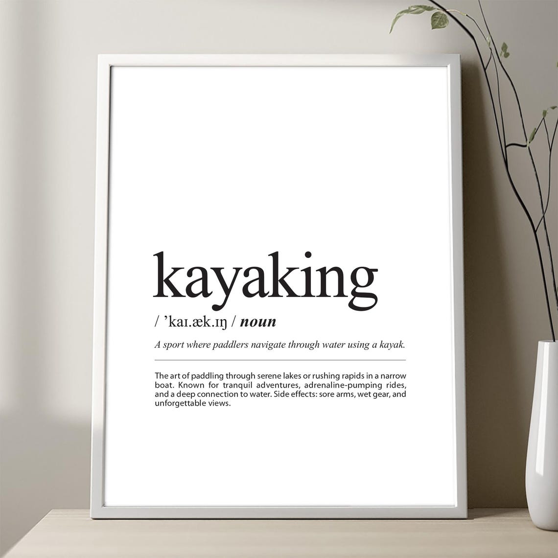 Kayaking Definition Typography Print Black On White Decor Gift