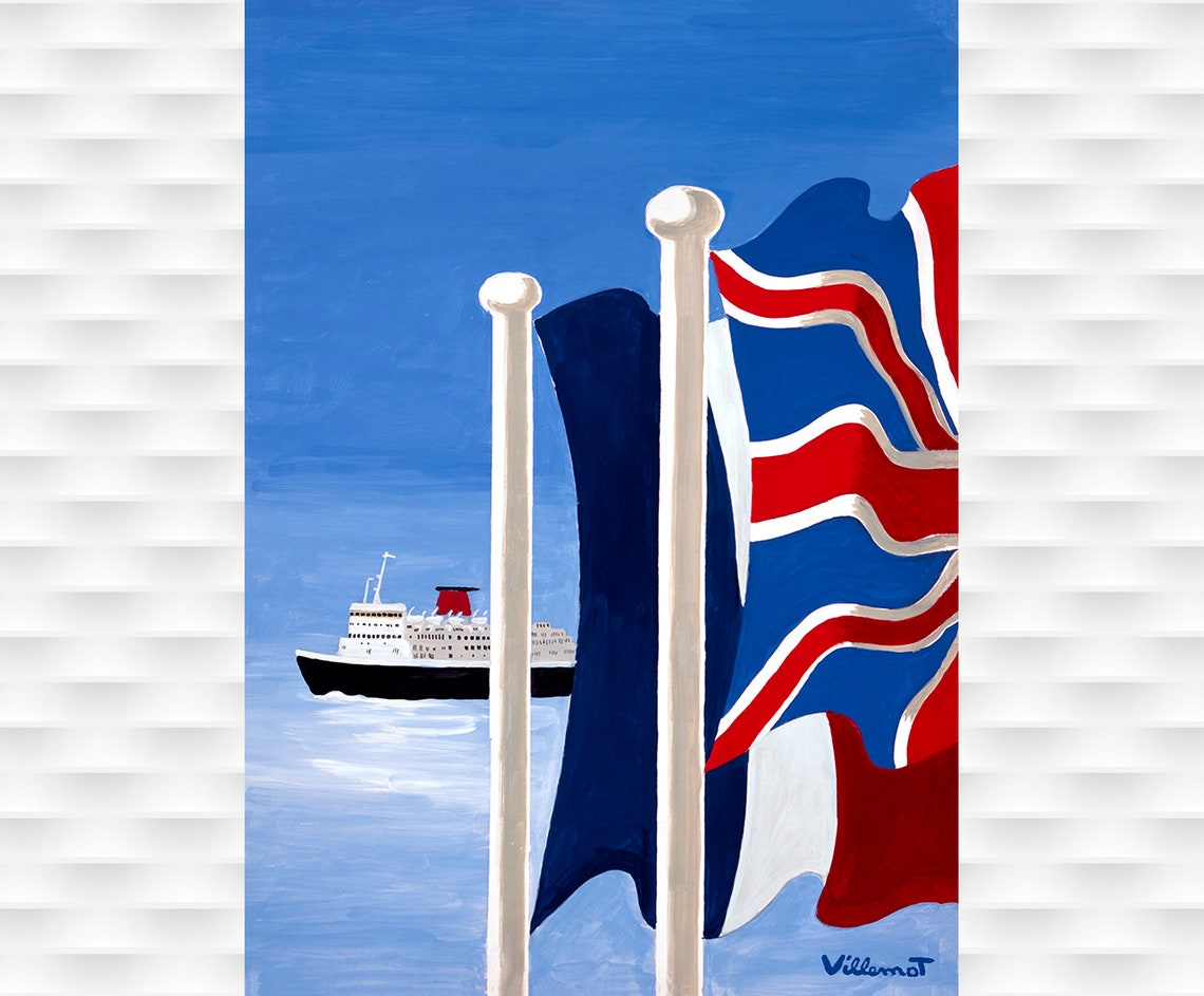 Ferry Ship French British Flags Ocean Liner Classic Villemot Poster