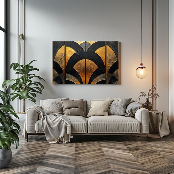 1920s Sleek Black And Gold Art Deco Print Bold Statement Vibrant Metallic Look Geometric Colorful Shapes Zig Zags Rustic Art