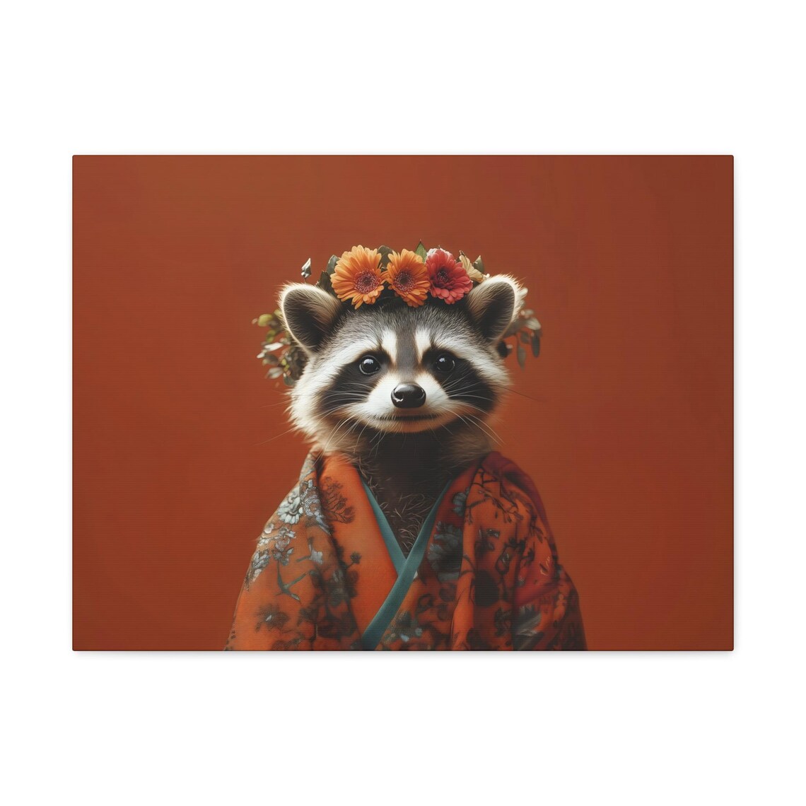 Raccoon Flower Crown Orange Kimono Rust Background Animal Poster - Image 3