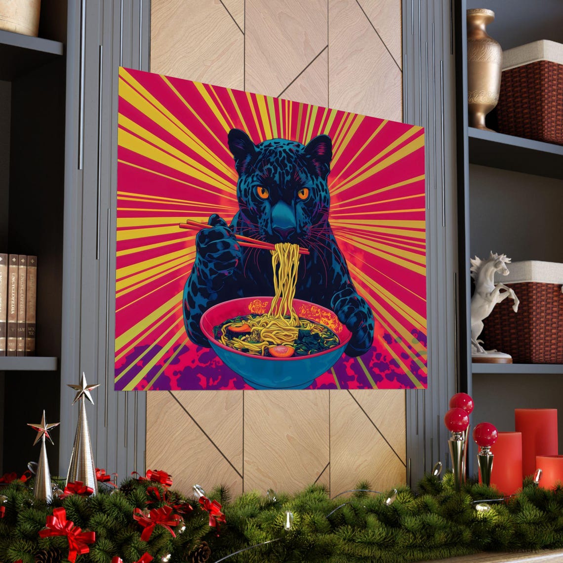 Black Panther Eating Ramen Against a Red Sunburst Pop Poster - Image 3