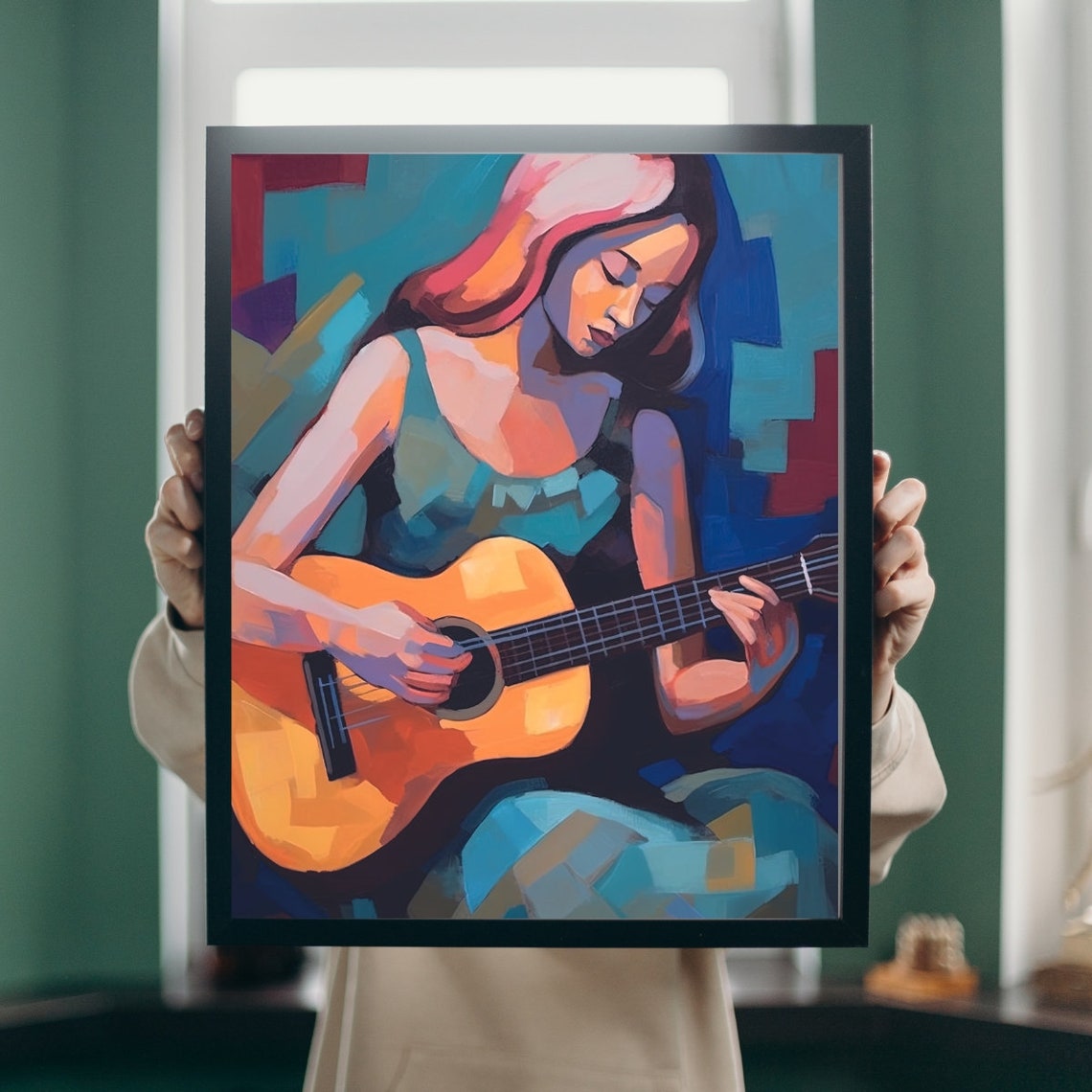 Woman Playing Guitar Abstract Colorful Print Art Poster