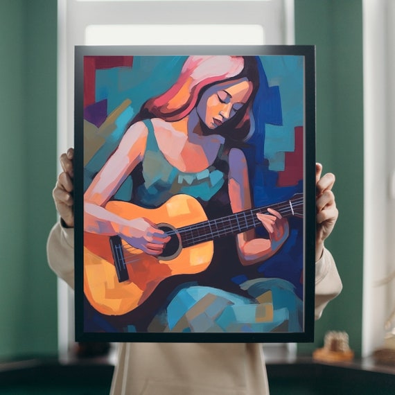 Woman Playing Guitar Abstract Colorful Print Art Poster