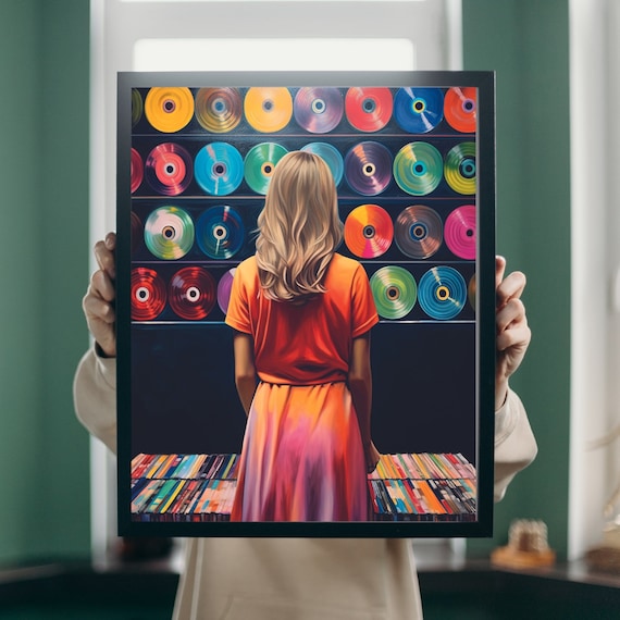 Girl in Vinyl Record Store Colorful Retro Music Illustration Poster