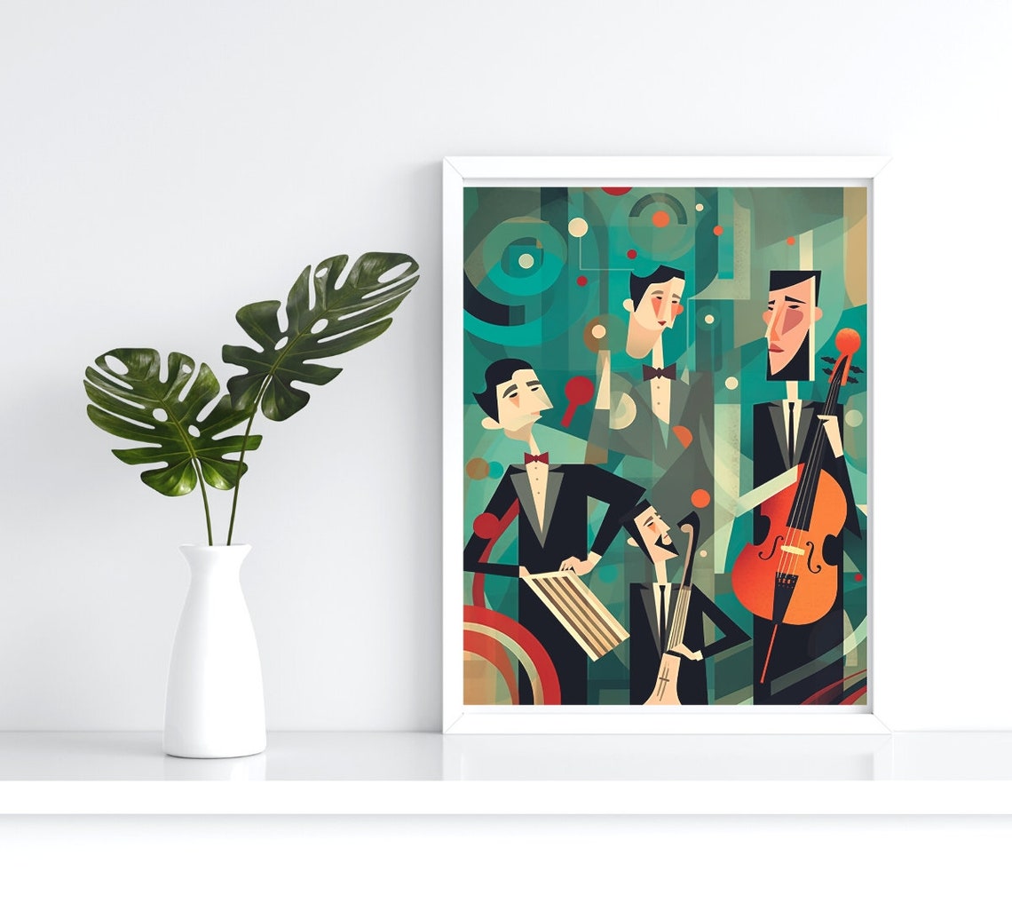 Mid Century Jazz Trio Musicians Retro Band Illustration Art Poster