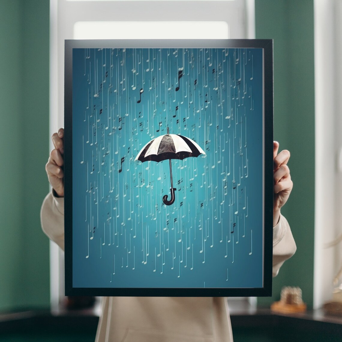 Musical Notes Rain Umbrella Teal Artistic Music Lover Wall Decor Poster