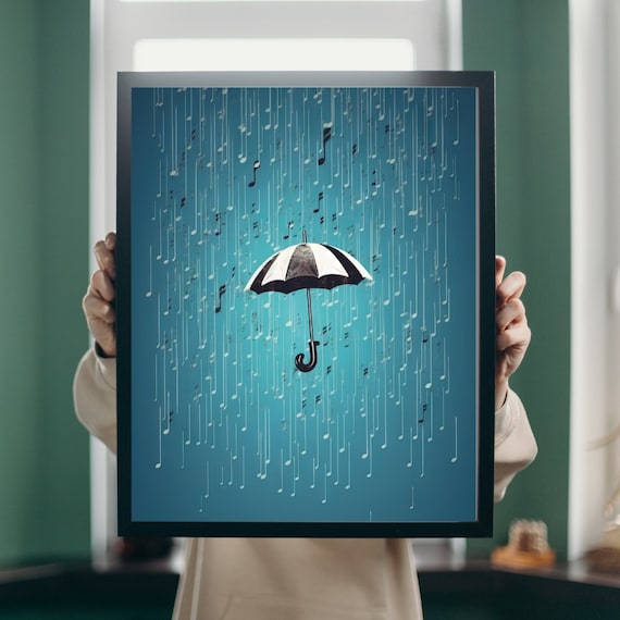 Musical Notes Rain Umbrella Teal Artistic Music Lover Wall Decor Poster